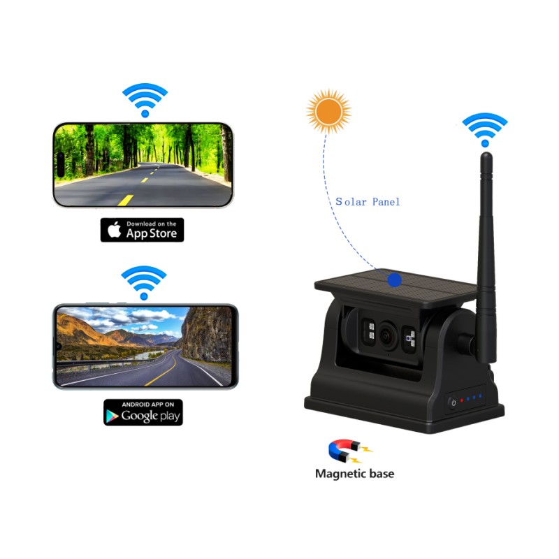 Caméra de recul sans fil WiFi 1080P pour Android iOS avec charge solaire et support magnétique