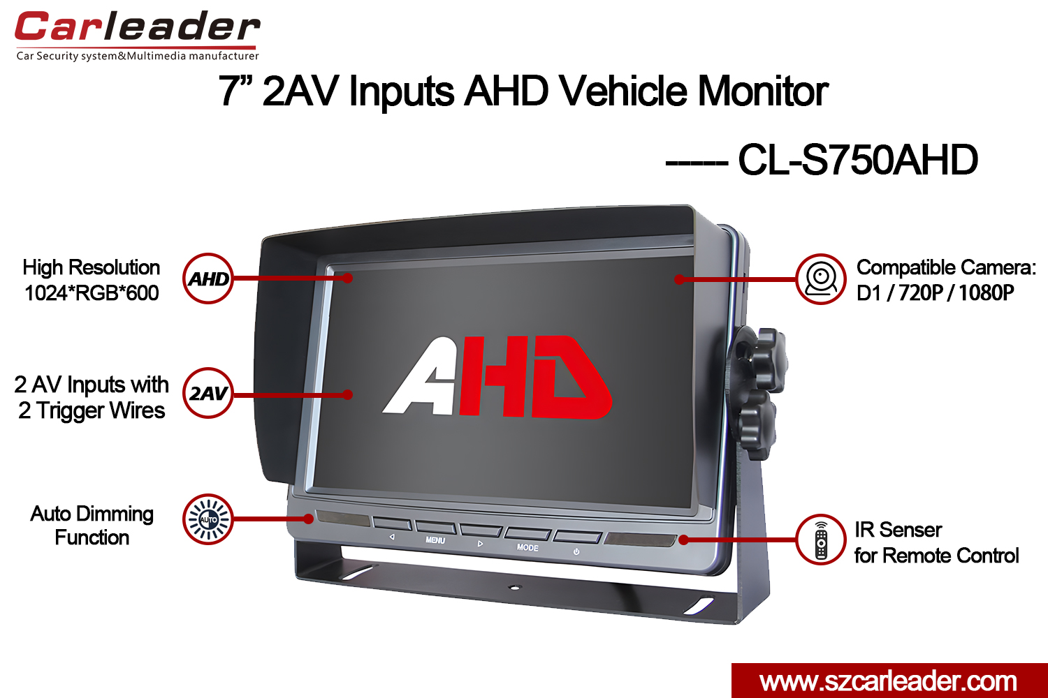 Moniteur de recul 7 pouces 2AV AHD pour camion