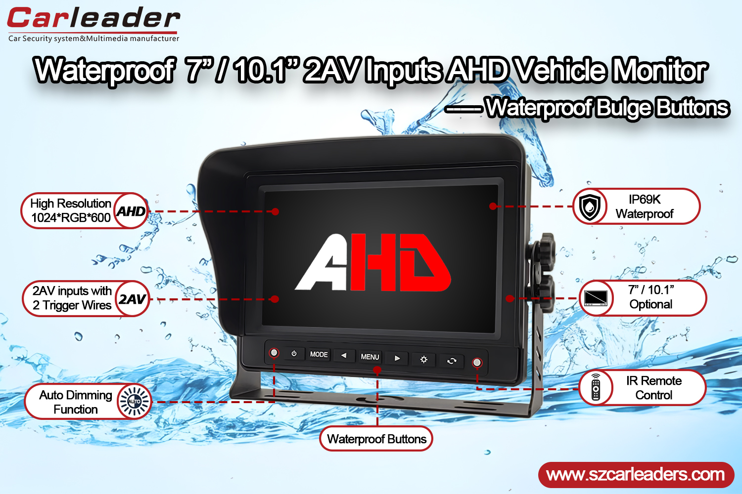 Moniteur étanche de vue arrière de voiture AHD IP69K de 7 pouces
